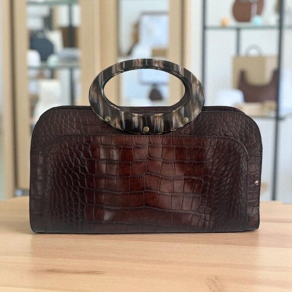ADRIENNE VITTADINI Brown Croc Embossed Leather Round Handle Satchel - Picture 1 of 9